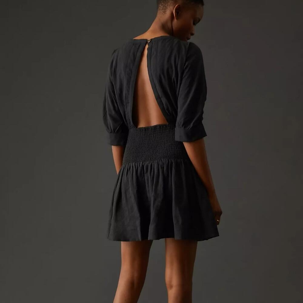 Maeve Anthropologie Black Puff Sleeve Smocked Open Back Cotton Mini Dress L - Picture 5 of 13